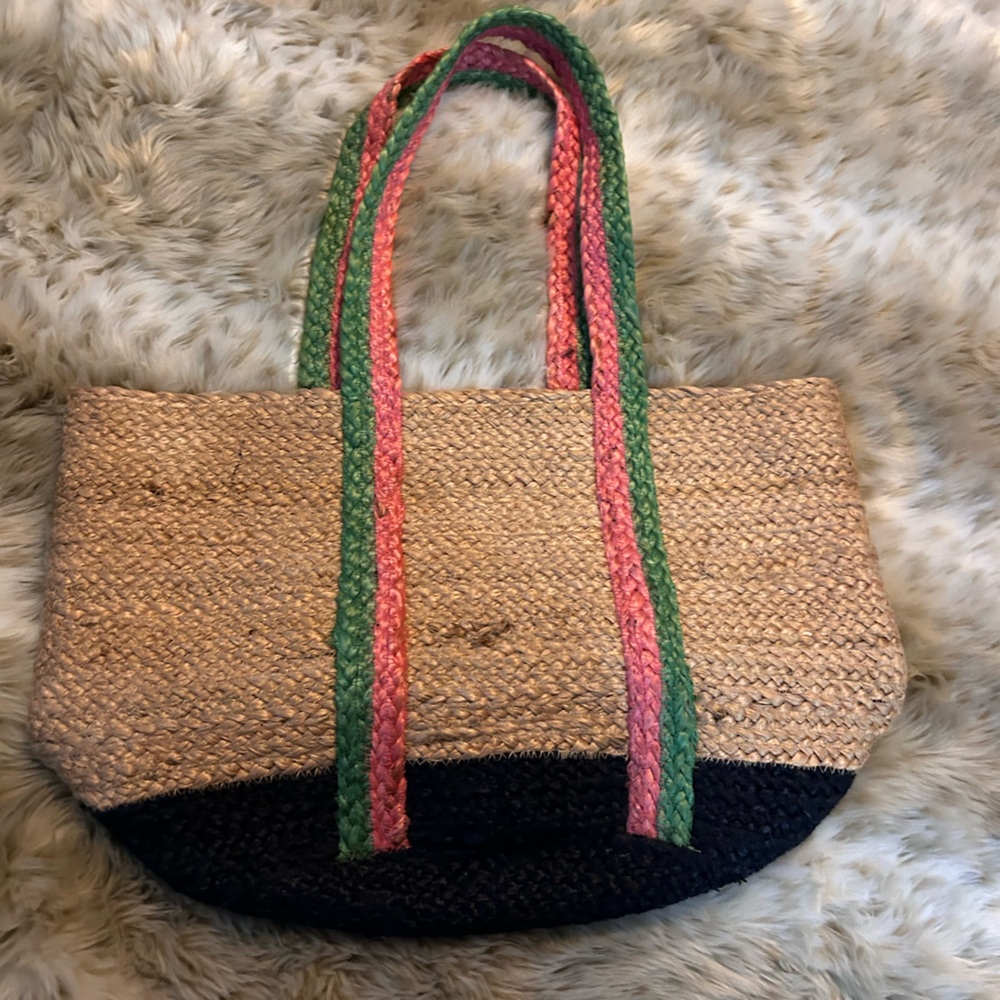 Shiraleah Tan and Black Tote with Pink and Green Straps